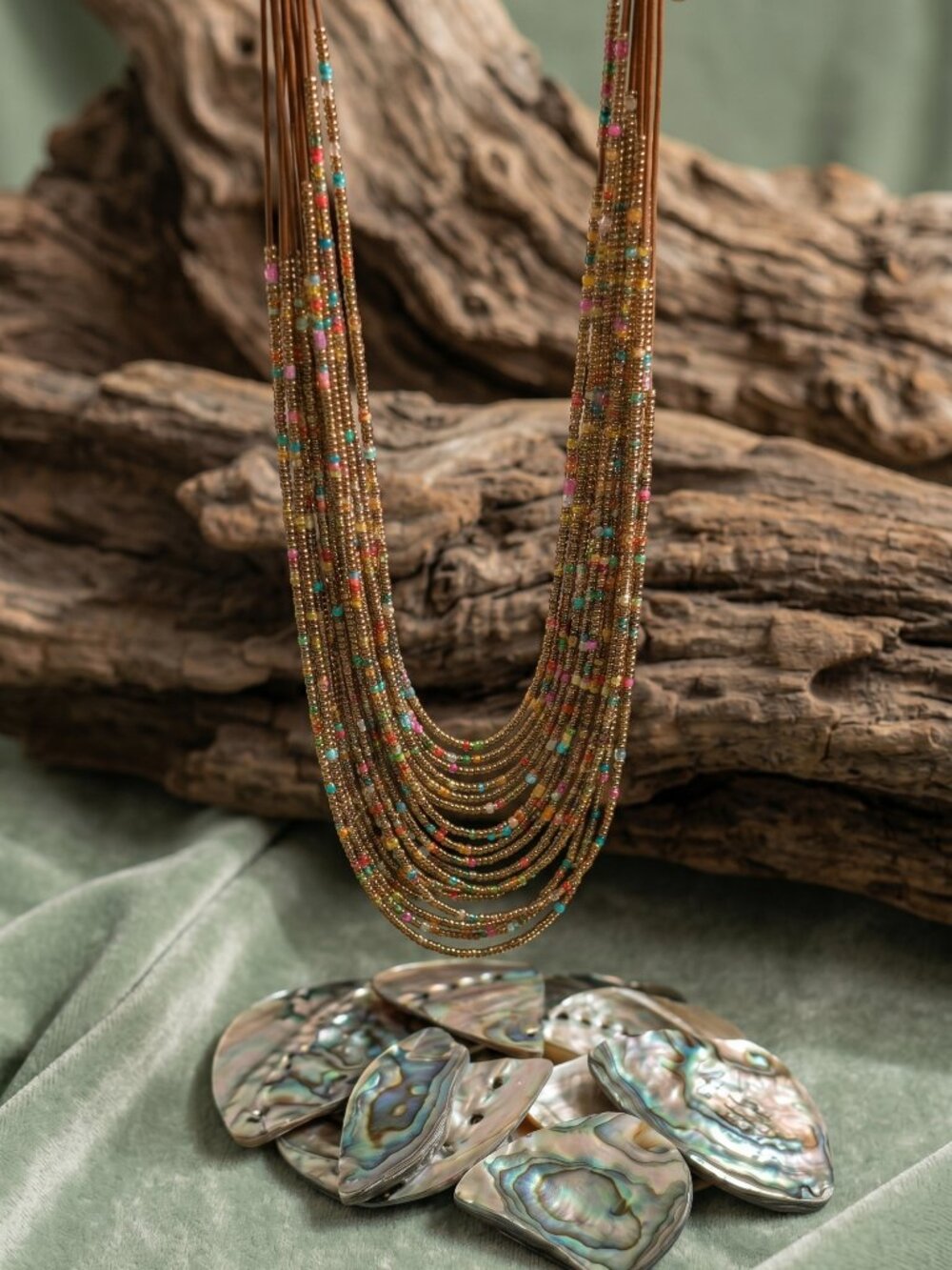 Seed Bead Multi Strand Statement Necklace Boho Western Multicolor Gold 18" - Picture 12 of 15